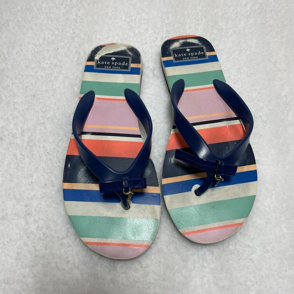 Kate Spade‎ Flip Flops Distressed Women 7/8 US Charms Multicolor Striped